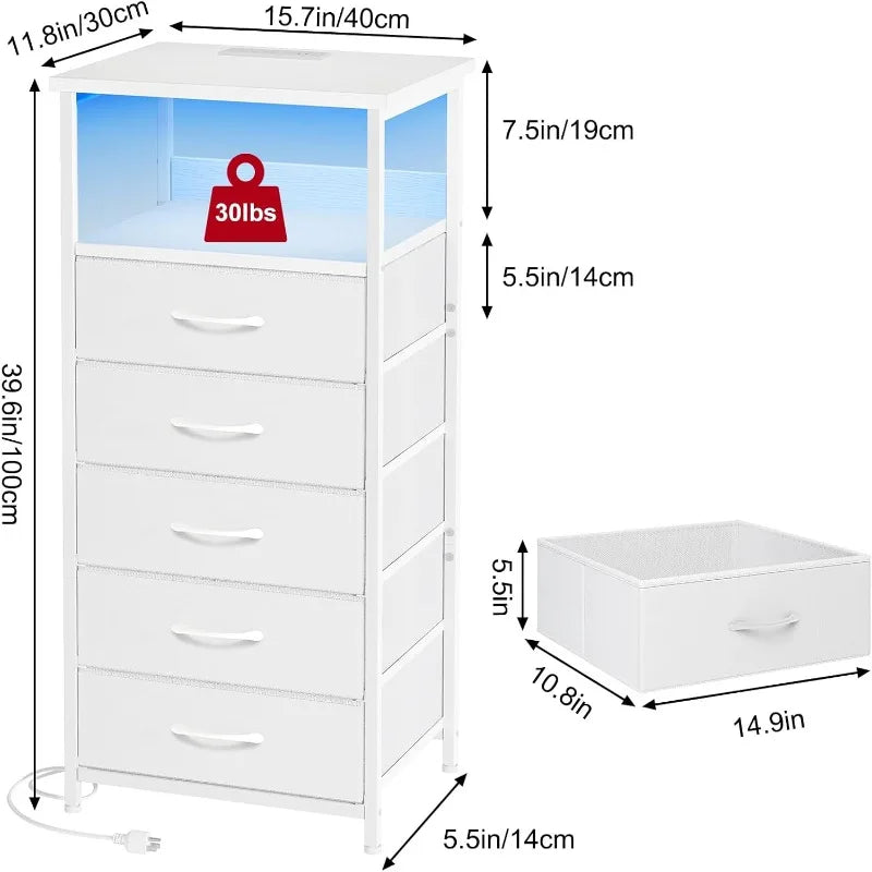 Tall Nightstand with Charging Station and LED Lights, Night Stand with PU Finish Fabric Storage Drawers,3 Drawers