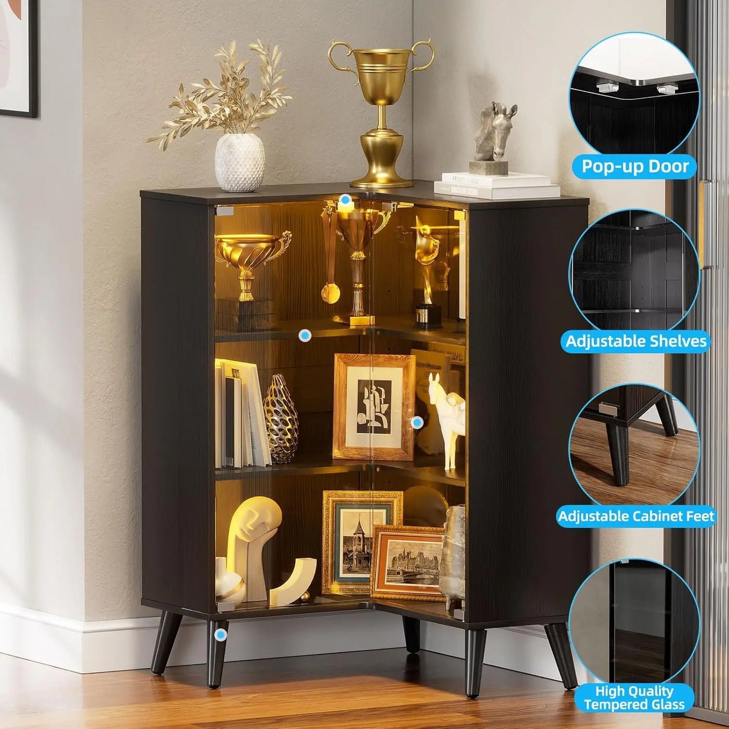 Display Case w/ Tempered Glass Doors,3-Tier Corner Curio Cabinet w/ LED Lights for Collectibles,Display Cabinet w/ 6 Adjustable