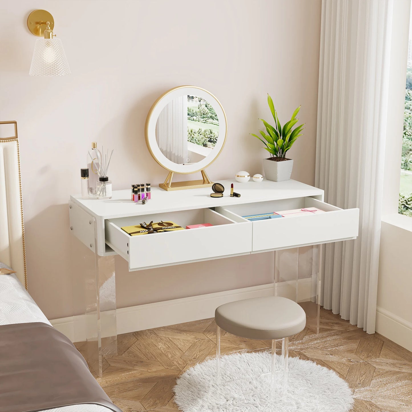Tribesigns Makeup Vanity Desk with 2 Drawers, Modern White Computer Desk with Acrylic Legs, Glossy Vanity Dressing Table