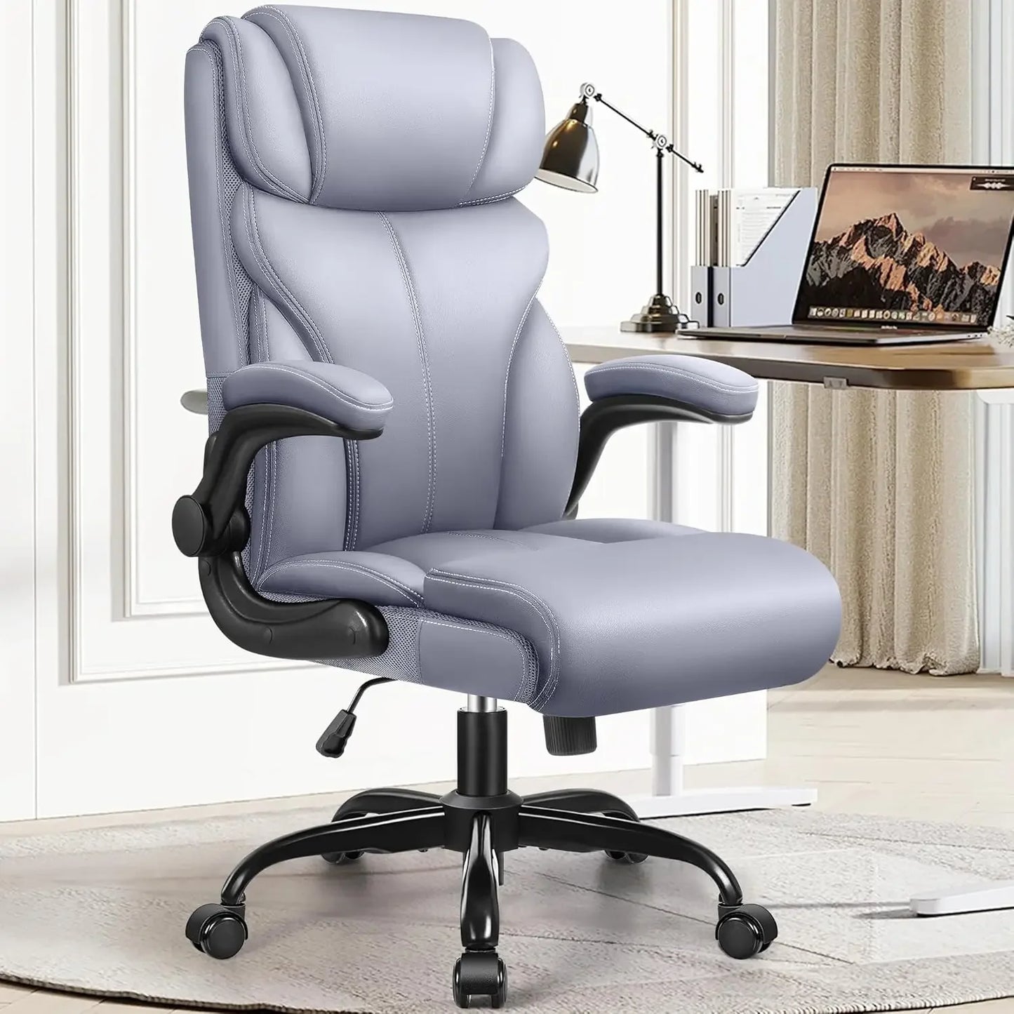 Ergonomic Big and Tall Computer Desk Chairs, Executive Breathable Leather Chair with Adjustable High Back Flip-up Armrests