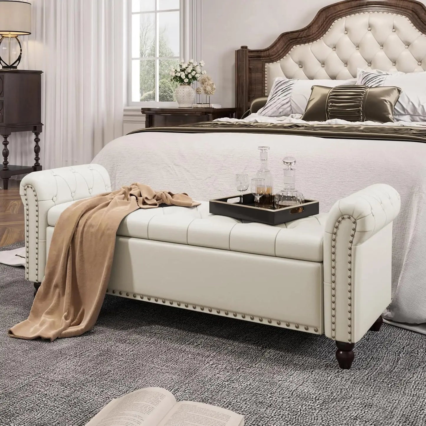 Vabches Faux Leather Storage Ottoman Bench Upholstered Button Tufted Storage Bench with Rolled Arm&Nailhead Trim for Living Room