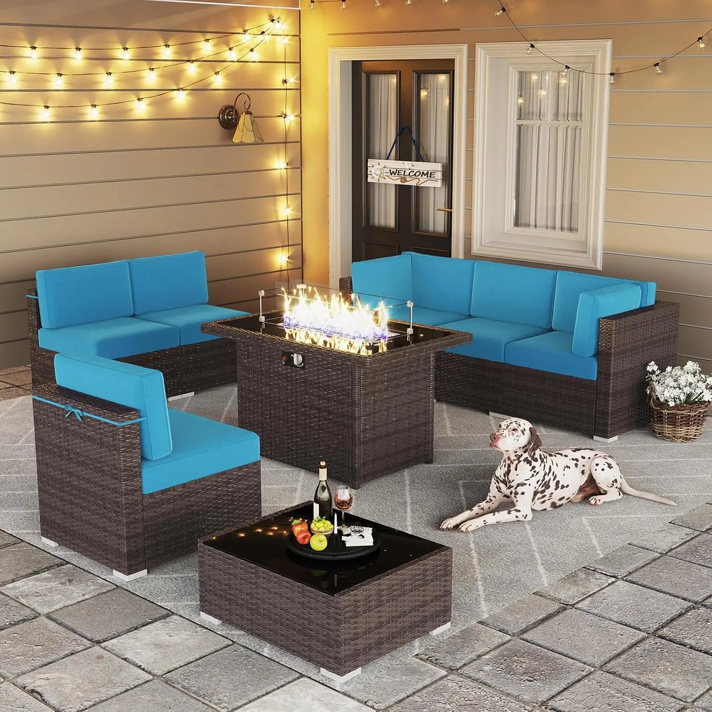 13 Pieces Outdoor Patio Furniture Set with 44" Fire Pit Table Brown Rattan Sectional Sofa Conversation Sets