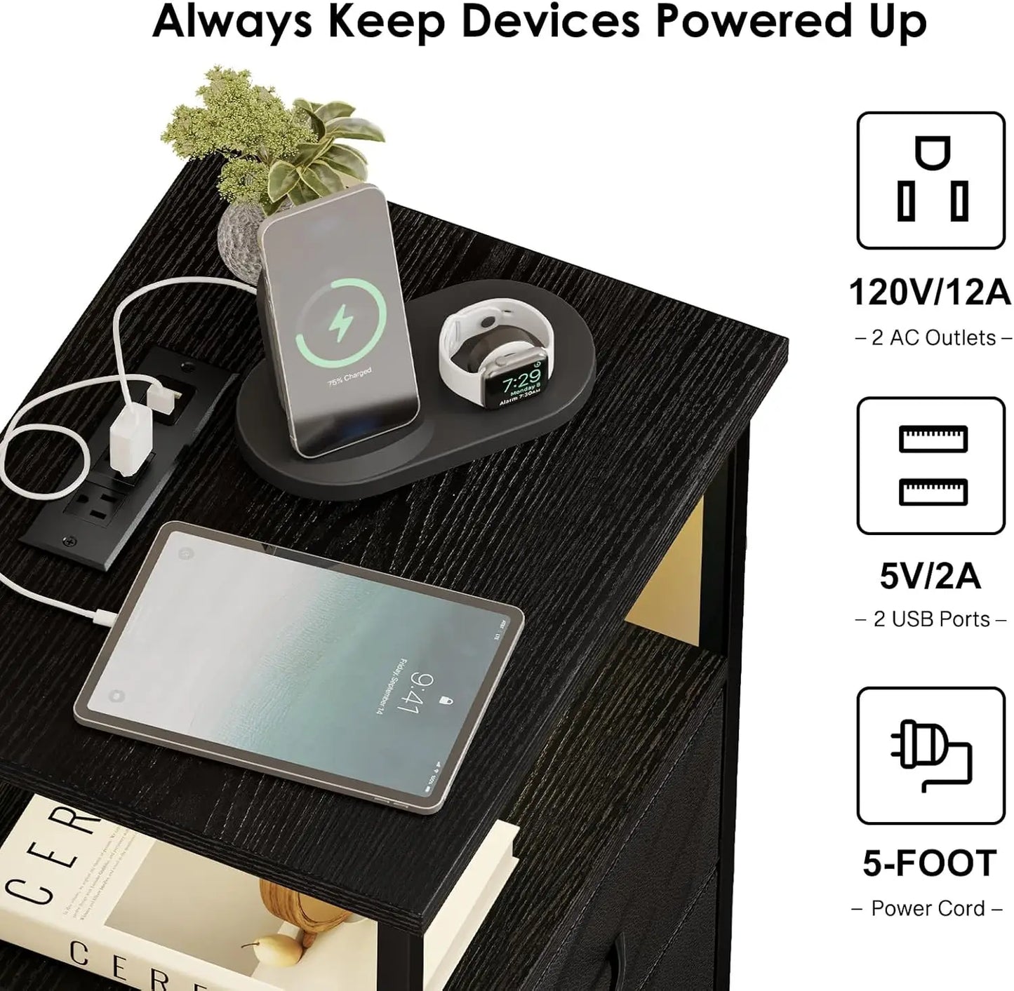 Night Stand with Charging Station, LED Nightstand with U-S-B Ports and Outlets, 2 Fabric Storage Drawers with PU Finish