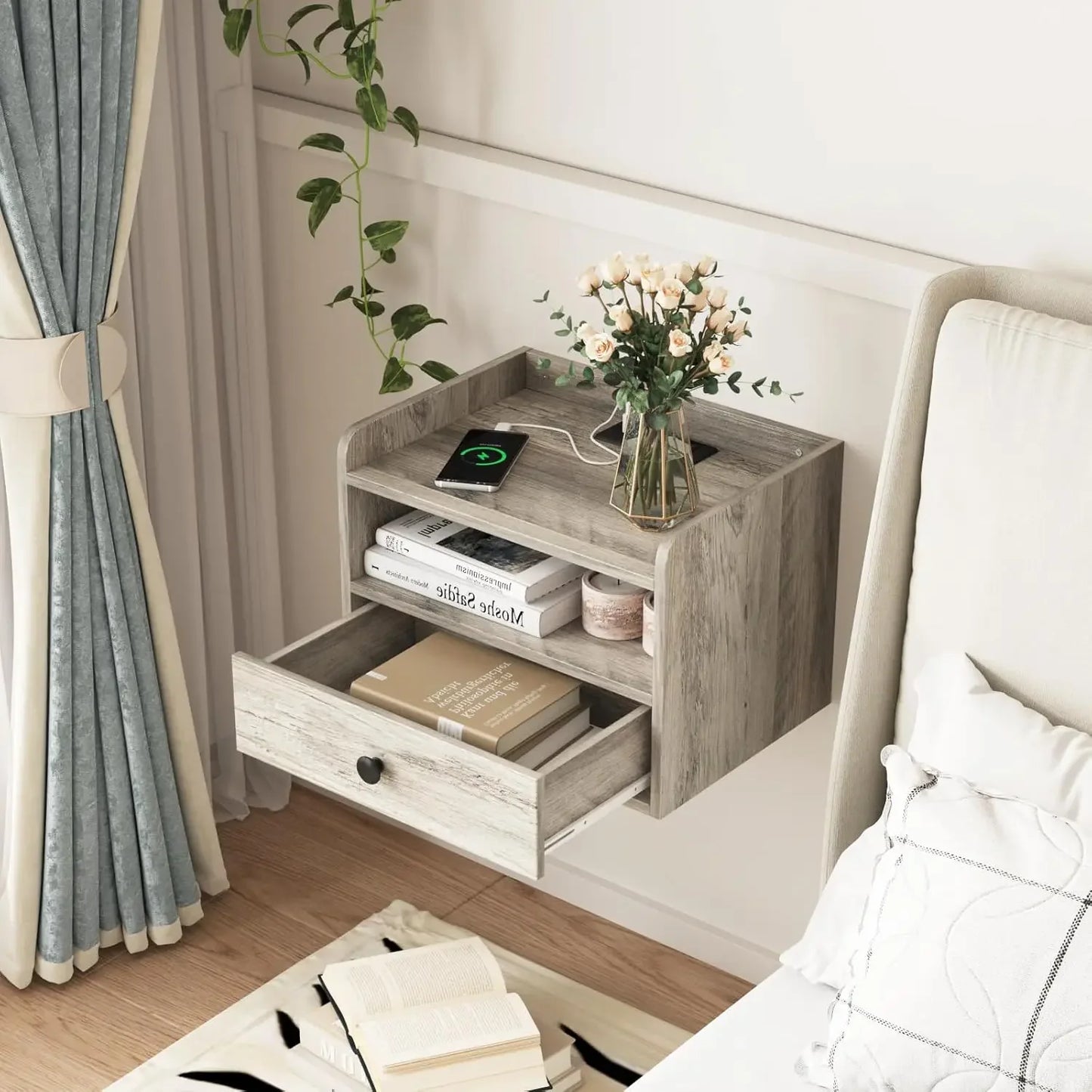 Floating Nightstand Set of 2 with Charging Station and Drawer Small Bedside End Table with Outlet Modern Floating Night Sta