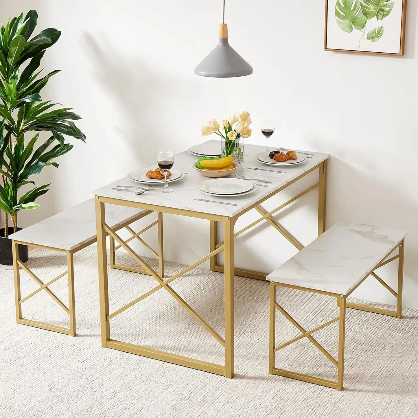 Kitchen Table with 2 Benches for 4, Wood Dining Room Dinette Sets with Metal Frame for Breakfast Nook and Small Space, 43