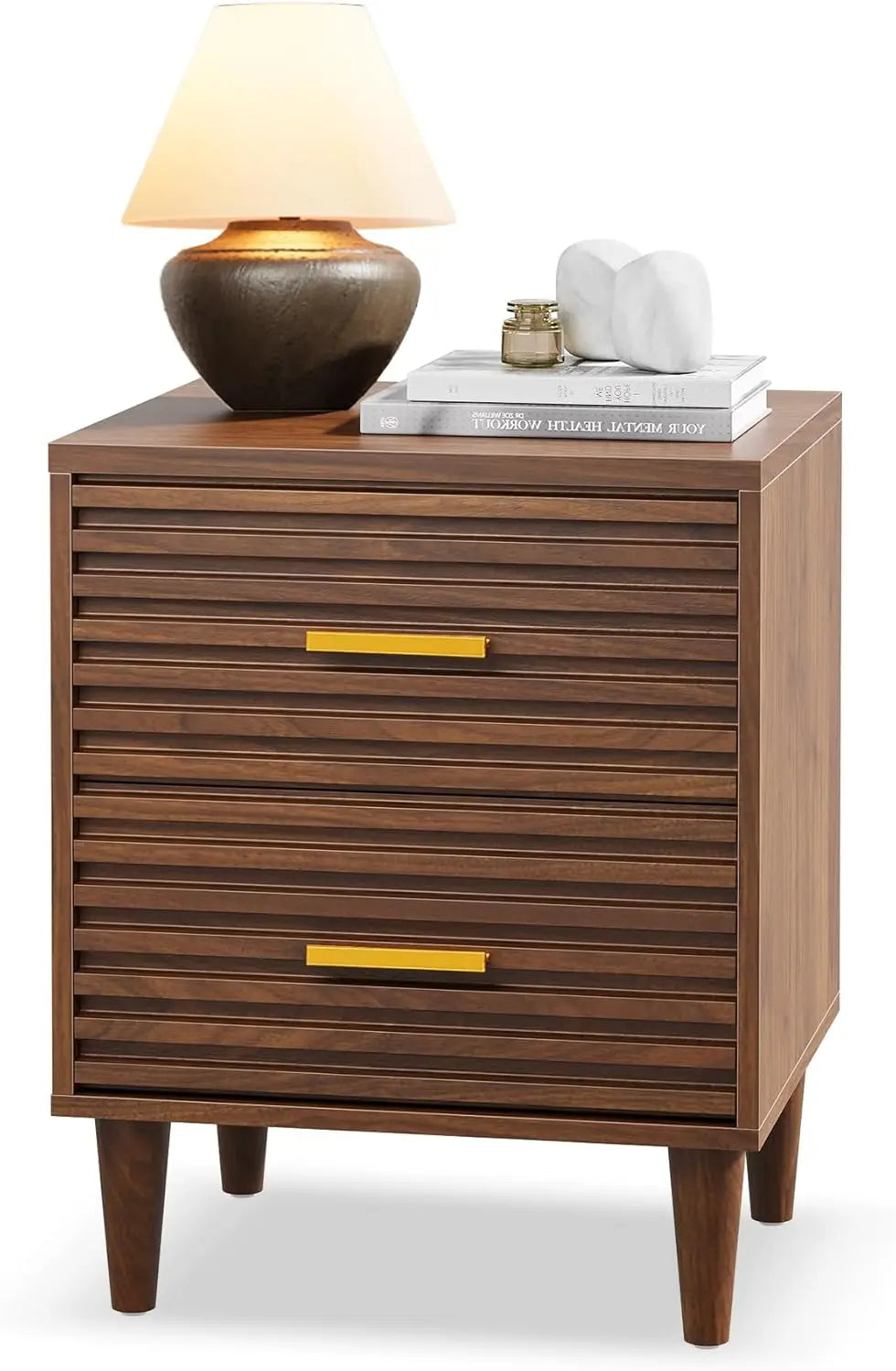 Fluted Nightstands Set of 2, Mid Century Bedside Table for Bedroom, End Table with 2 Drawers, Modern Bed Side Table wit
