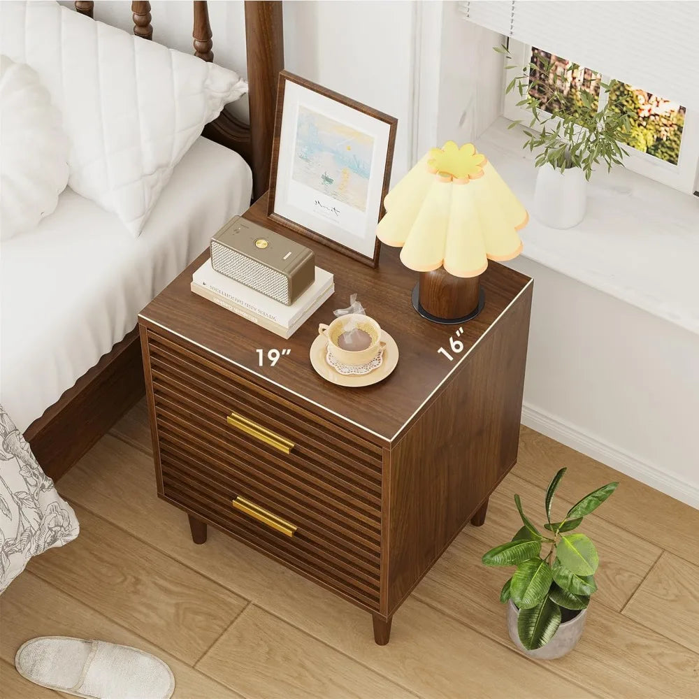 Fluted Nightstands Set of 2, Mid Century Bedside Table for Bedroom, End Table with 2 Drawers, Modern Bed Side Table wit