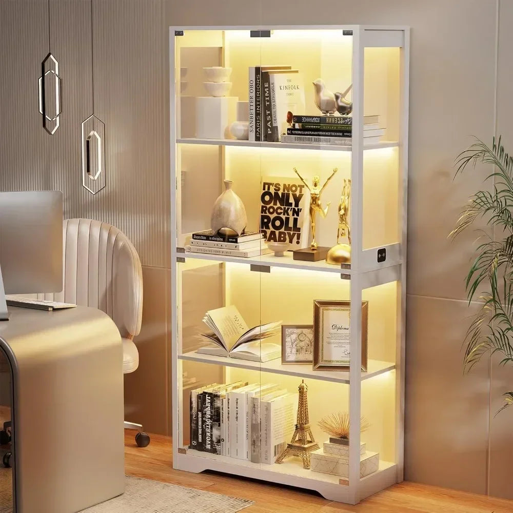 Display Cabinet, 4-Tier Curio Cabinet & Bookcase with 3 Color Light for Collectibles, Toys, Books, Glass Door Storage Cabinet