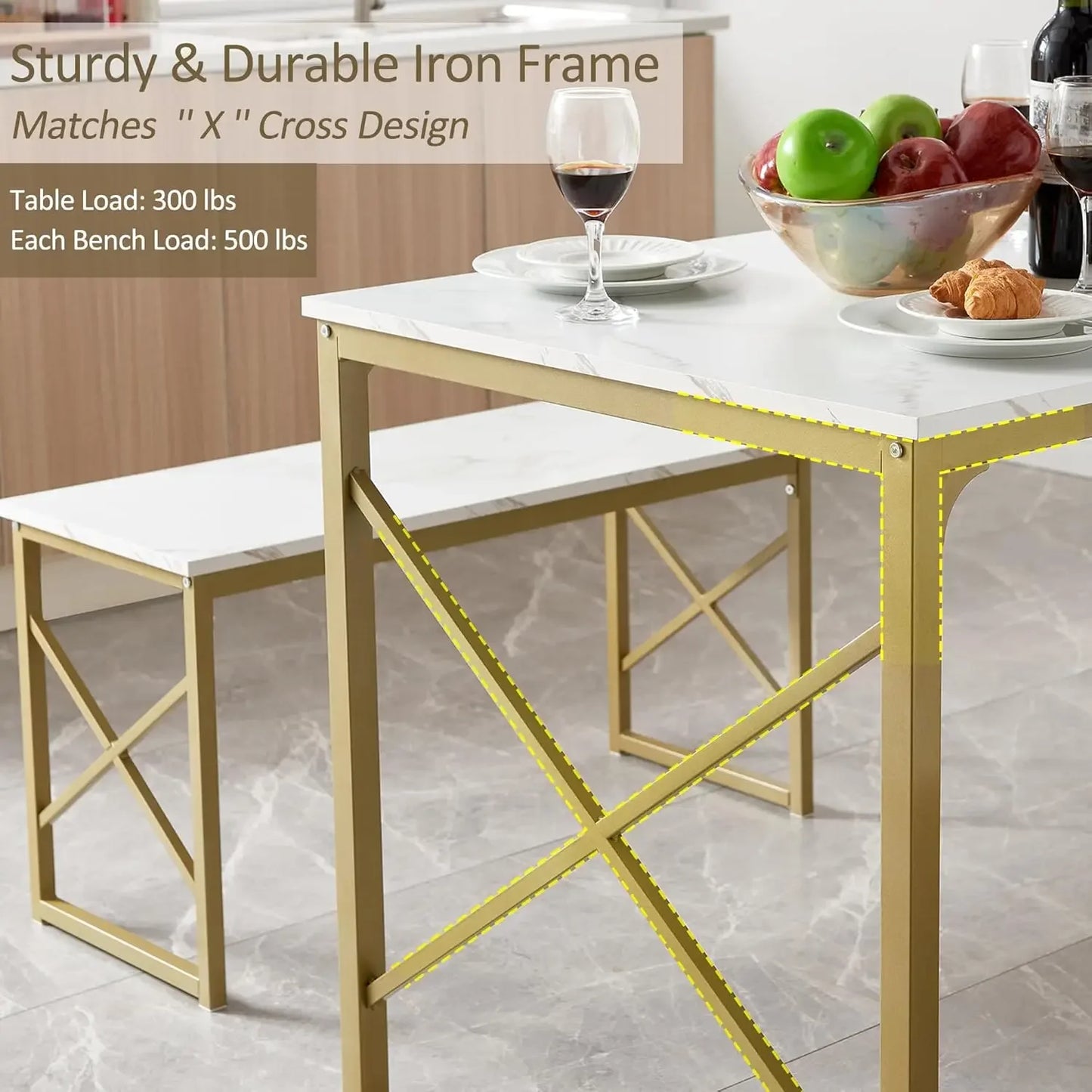 Kitchen Table with 2 Benches for 4, Wood Dining Room Dinette Sets with Metal Frame for Breakfast Nook and Small Space, 43