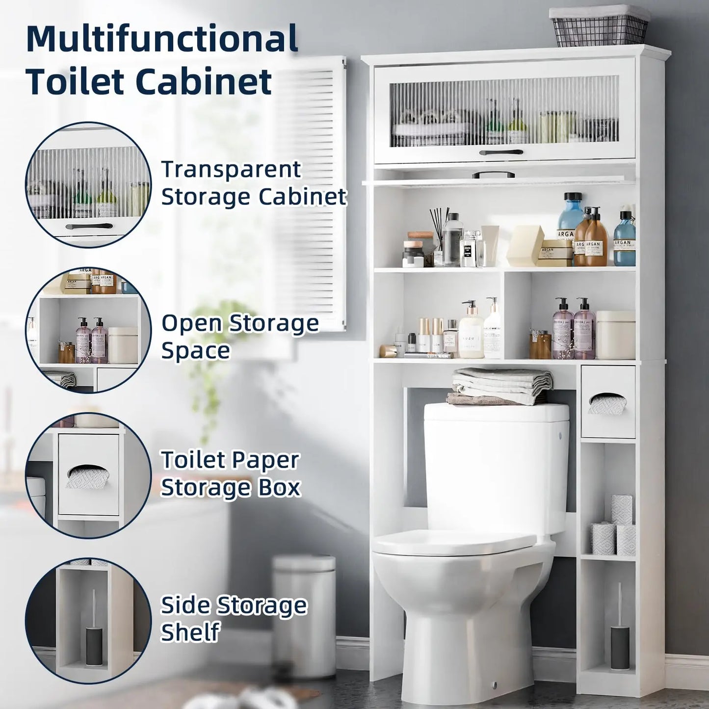 Vabches Over the Toilet Storage Cabinet Bathroom Organizer with Glass Door&Shelves Wooden Toilet Rack Bathroom Storage Cabinet