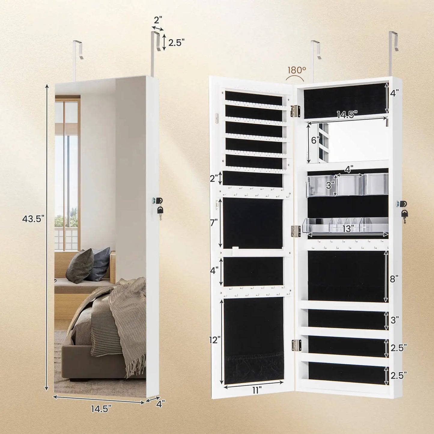 43.5" Jewelry Mirror Cabinet w/ Full-length Mirror & Interior Makeup Mirror