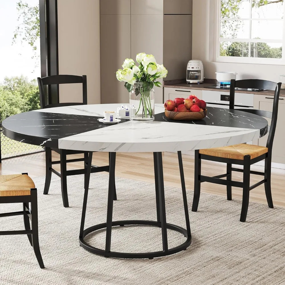 47 Inch Dining Table for Dining Room, 4 People Round Dinner Tables with Faux Marble Top Heavy Duty Metal Circle Pedestal