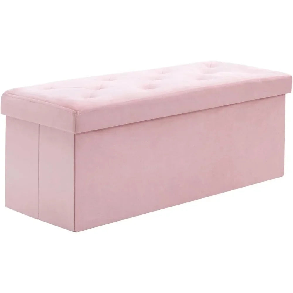 43 Inches Folding Storage Ottoman Bench, Velvet Ottoman with Footrest for Living Room, Long Shoes Bench, (Pink)