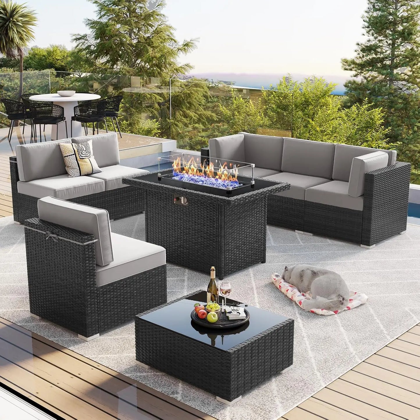 13 Pieces Outdoor Patio Furniture Set with 44" Fire Pit Table Brown Rattan Sectional Sofa Conversation Sets