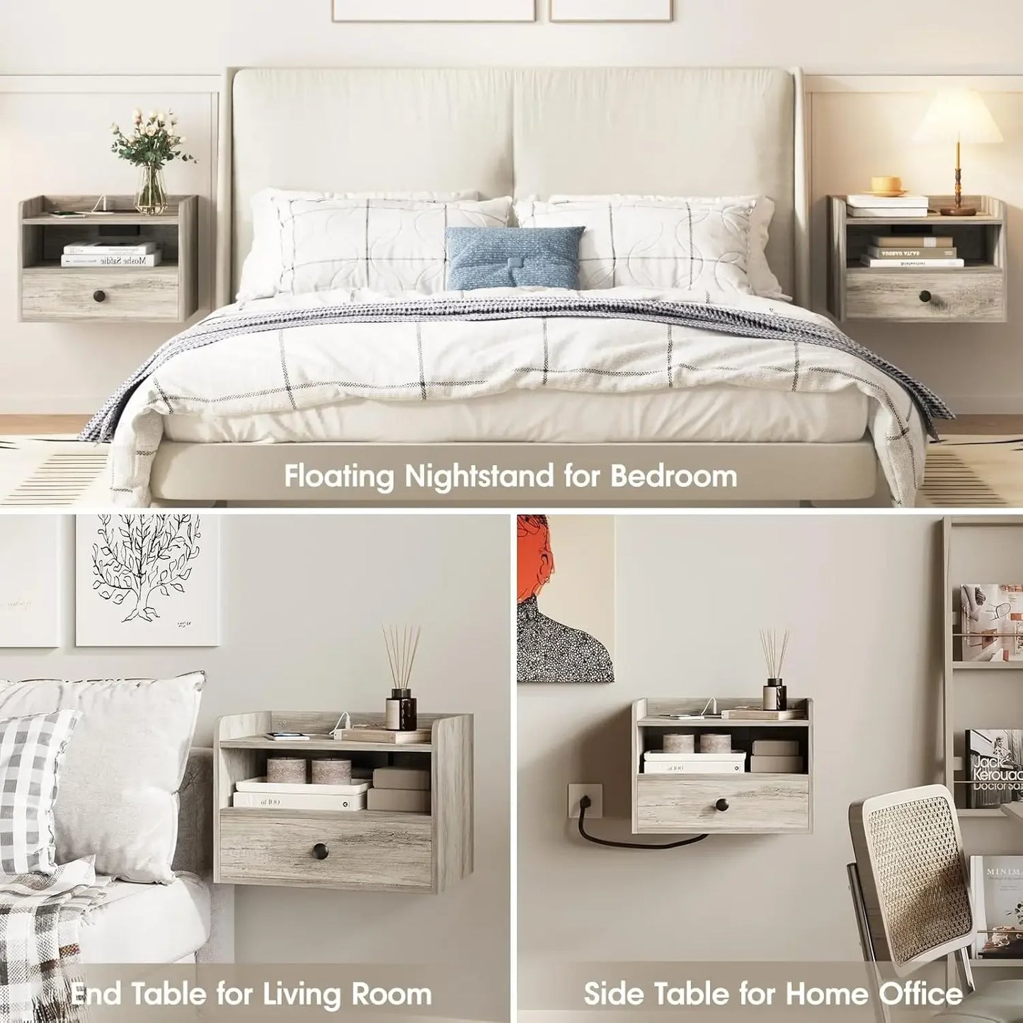 Floating Nightstand Set of 2 with Charging Station and Drawer Small Bedside End Table with Outlet Modern Floating Night Sta