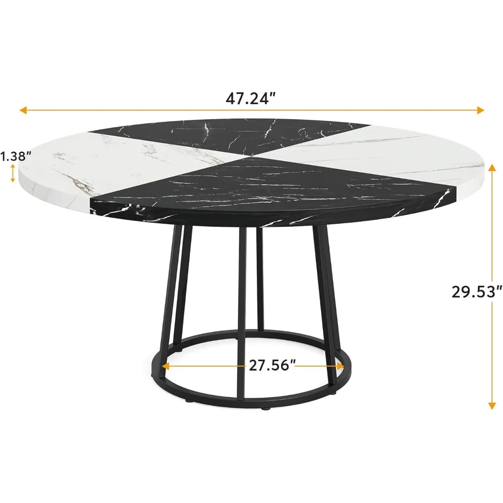 47 Inch Dining Table for Dining Room, 4 People Round Dinner Tables with Faux Marble Top Heavy Duty Metal Circle Pedestal