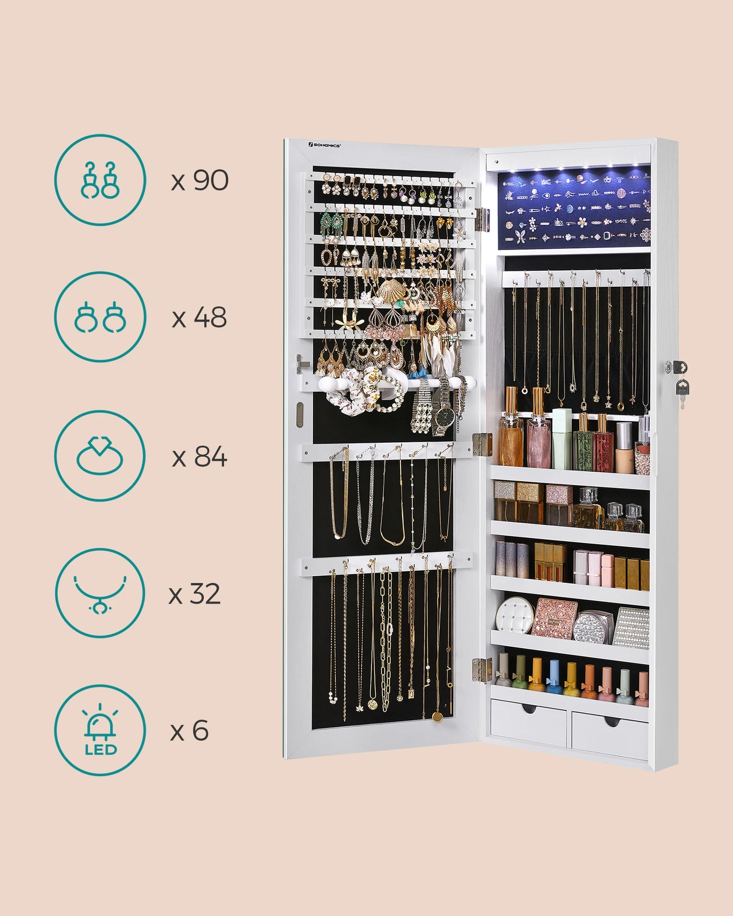SONGMICS Hanging Jewelry Cabinet, Wall-Mounted Cabinet with LED Interior Lights, Door-Mounted Jewelry Organizer