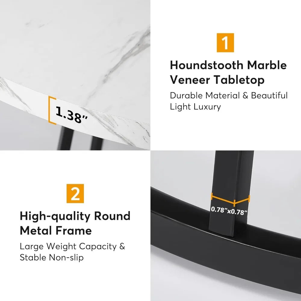 47 Inch Dining Table for Dining Room, 4 People Round Dinner Tables with Faux Marble Top Heavy Duty Metal Circle Pedestal