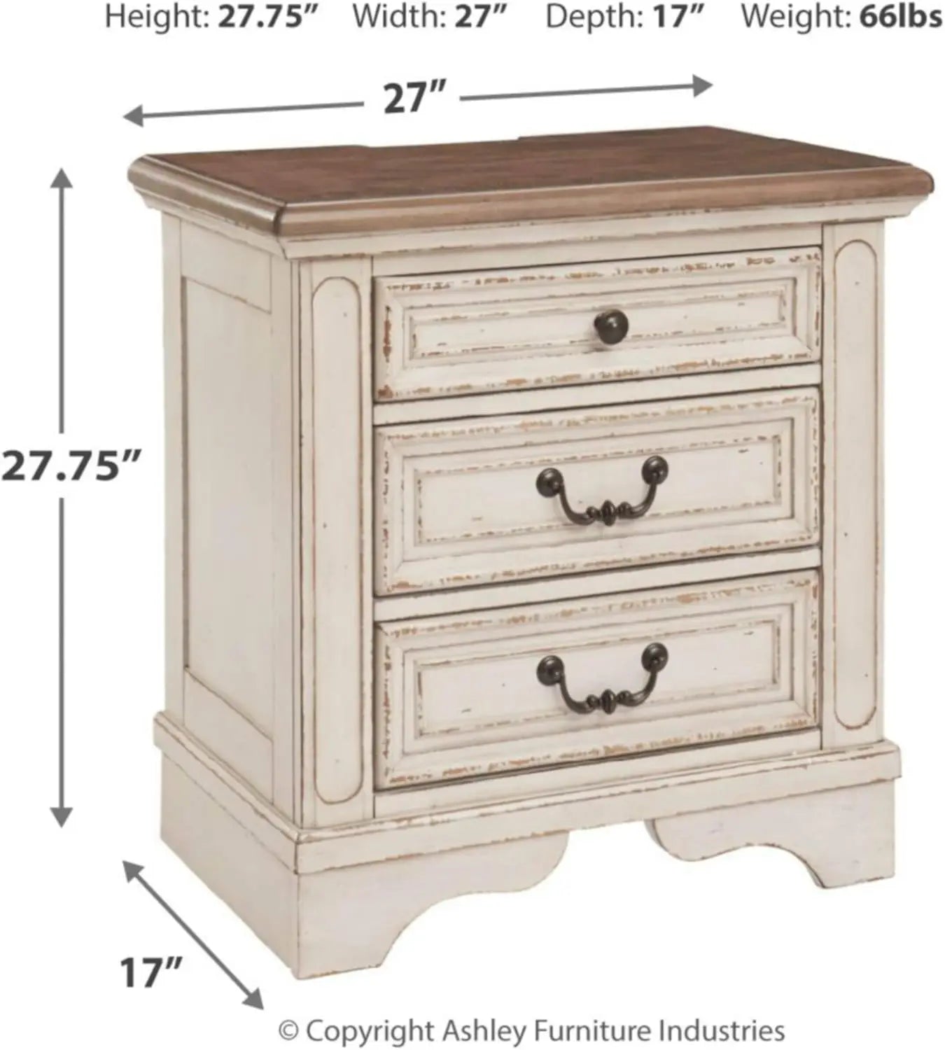 Realyn French Country 3 Drawer Nightstand with Electrical Outlets & USB Ports, 27.75" Tall