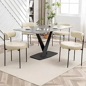 Black Boucle Dining Chairs Set of 4, Upholstered Dining Chairs with Black Metal Legs, Round Modern Chair for Room