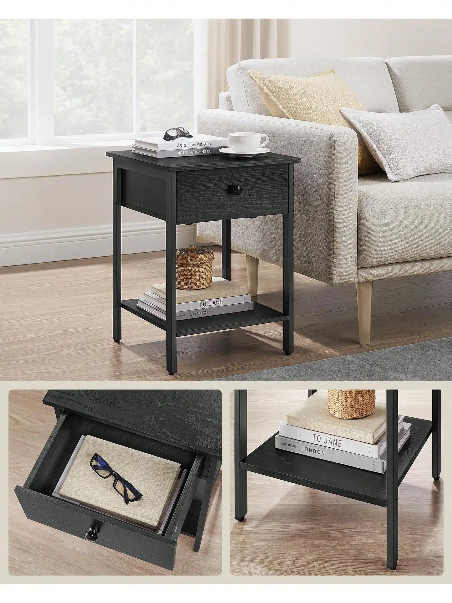 VASAGLE Nightstand, End Table, Side Table with Drawer and Shelf, 15.7 x 15.7 x 21.7 Inches, Bedroom, Steel Frame, Easy Assembly
