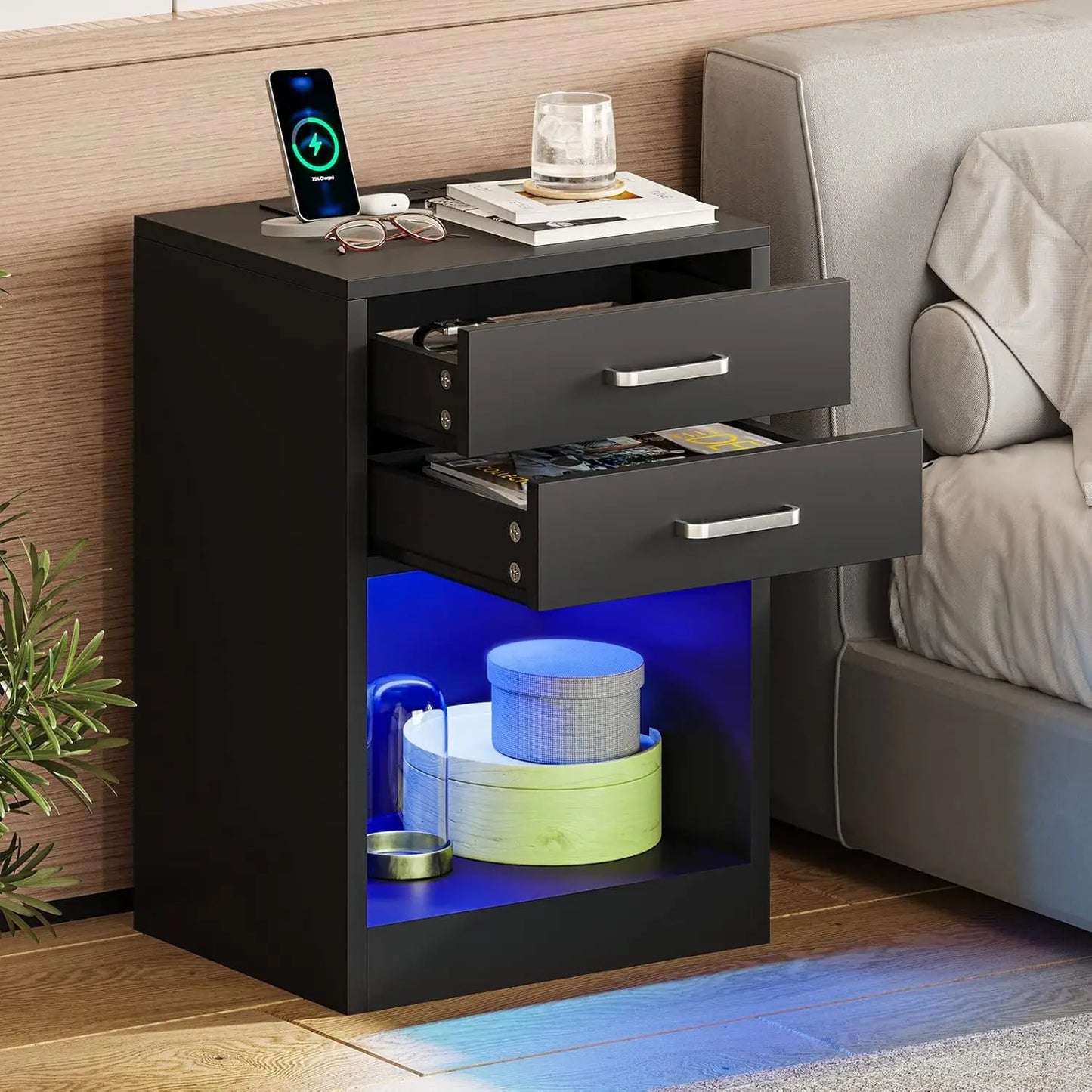 LED Nightstands Set of 2,Night Stands for Bedrooms Set of 2,Nightstand with Charging Station and LED Lights,Black Bedside Table