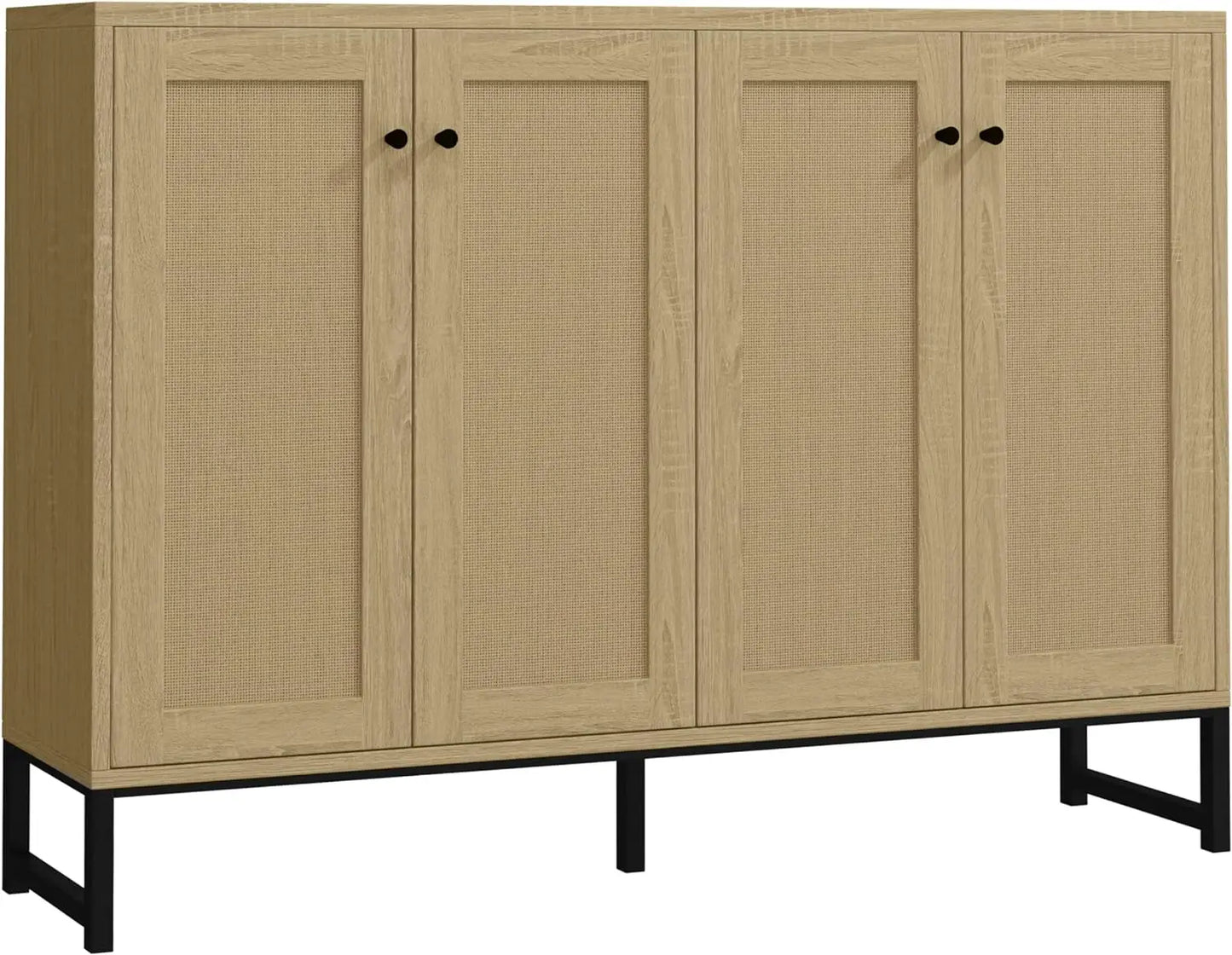 Sideboard Accent Storage Cabinet with Rattan Decorated 4 Doors Dining Room Freestanding Kitchen Buffet Table Cupboard