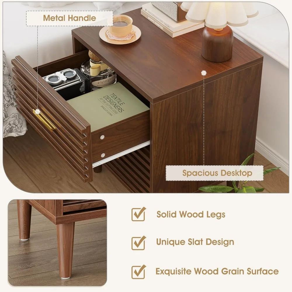 Fluted Nightstands Set of 2, Mid Century Bedside Table for Bedroom, End Table with 2 Drawers, Modern Bed Side Table wit