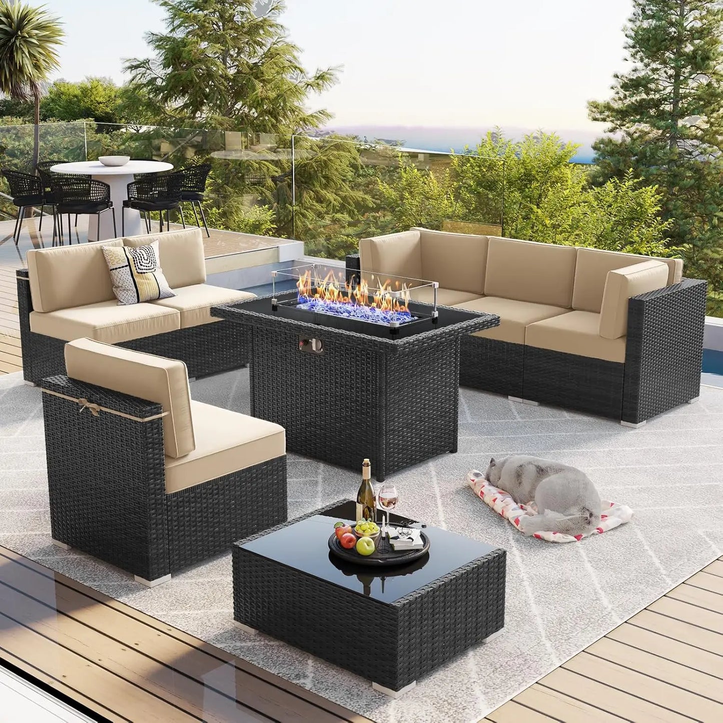 13 Pieces Outdoor Patio Furniture Set with 44" Fire Pit Table Brown Rattan Sectional Sofa Conversation Sets