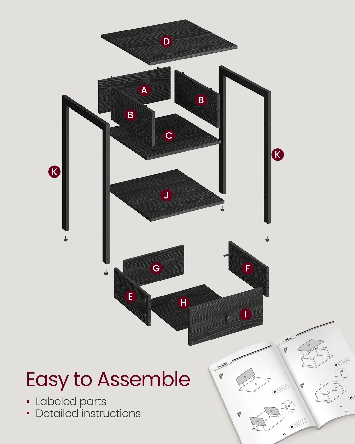 VASAGLE Nightstand, End Table, Side Table with Drawer and Shelf, 15.7 x 15.7 x 21.7 Inches, Bedroom, Steel Frame, Easy Assembly