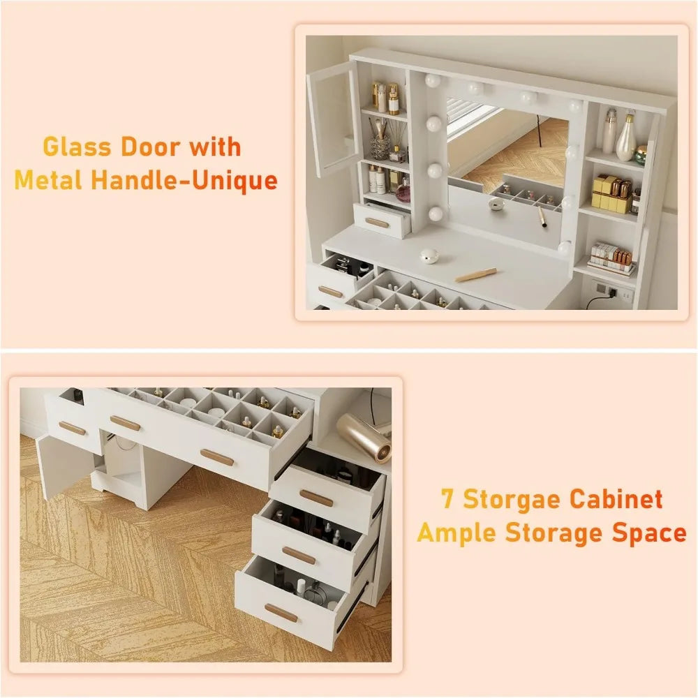 Makeup table with mirror, light and charging station, 49 inch white vanity, 3 LED light modes, 7 drawers and 3 bedroom cabinets