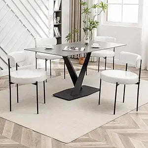Black Boucle Dining Chairs Set of 4, Upholstered Dining Chairs with Black Metal Legs, Round Modern Chair for Room