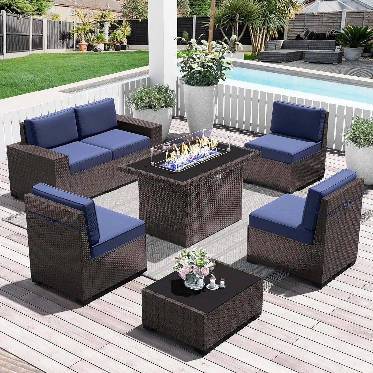 13 Pieces Outdoor Patio Furniture Set with 44" Fire Pit Table Brown Rattan Sectional Sofa Conversation Sets