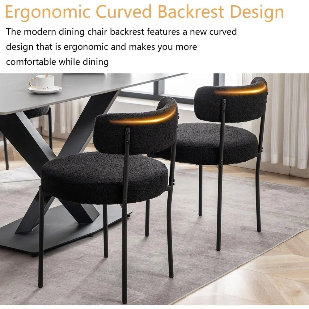 Black Boucle Dining Chairs Set of 4, Upholstered Dining Chairs with Black Metal Legs, Round Modern Chair for Room