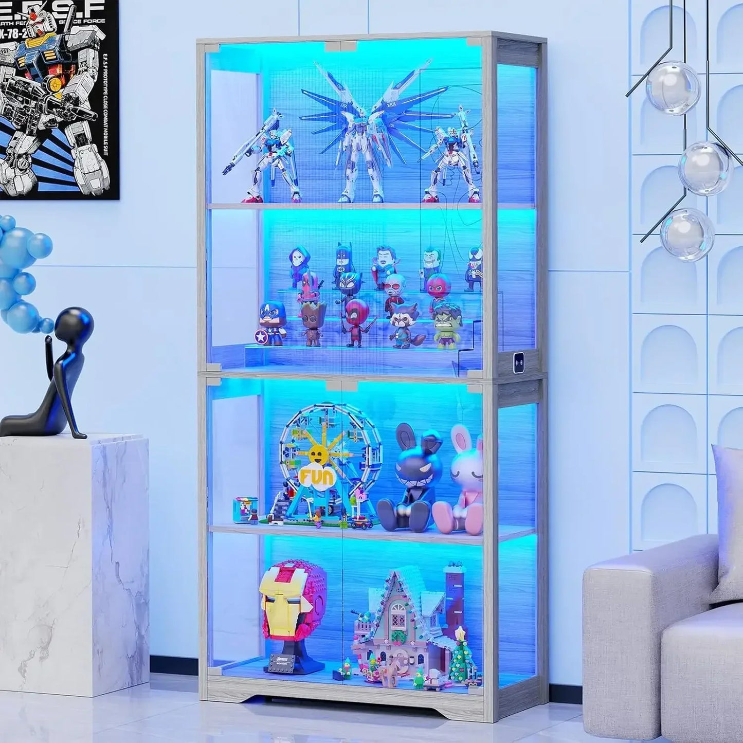 Display Cabinet, 4-Tier Curio Cabinet & Bookcase with 3 Color Light for Collectibles, Toys, Books, Glass Door Storage Cabinet
