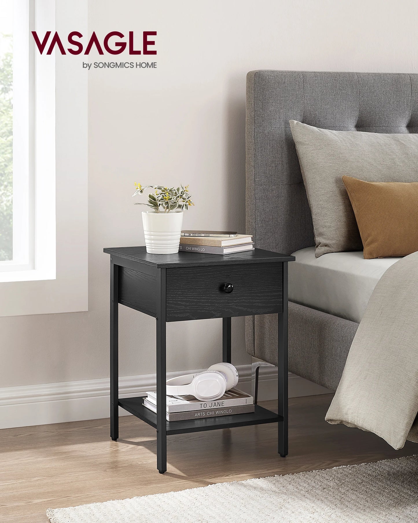 VASAGLE Nightstand, End Table, Side Table with Drawer and Shelf, 15.7 x 15.7 x 21.7 Inches, Bedroom, Steel Frame, Easy Assembly
