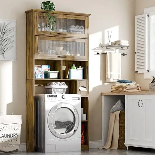Vabches Over the Toilet Storage Cabinet Bathroom Organizer with Glass Door&Shelves Wooden Toilet Rack Bathroom Storage Cabinet