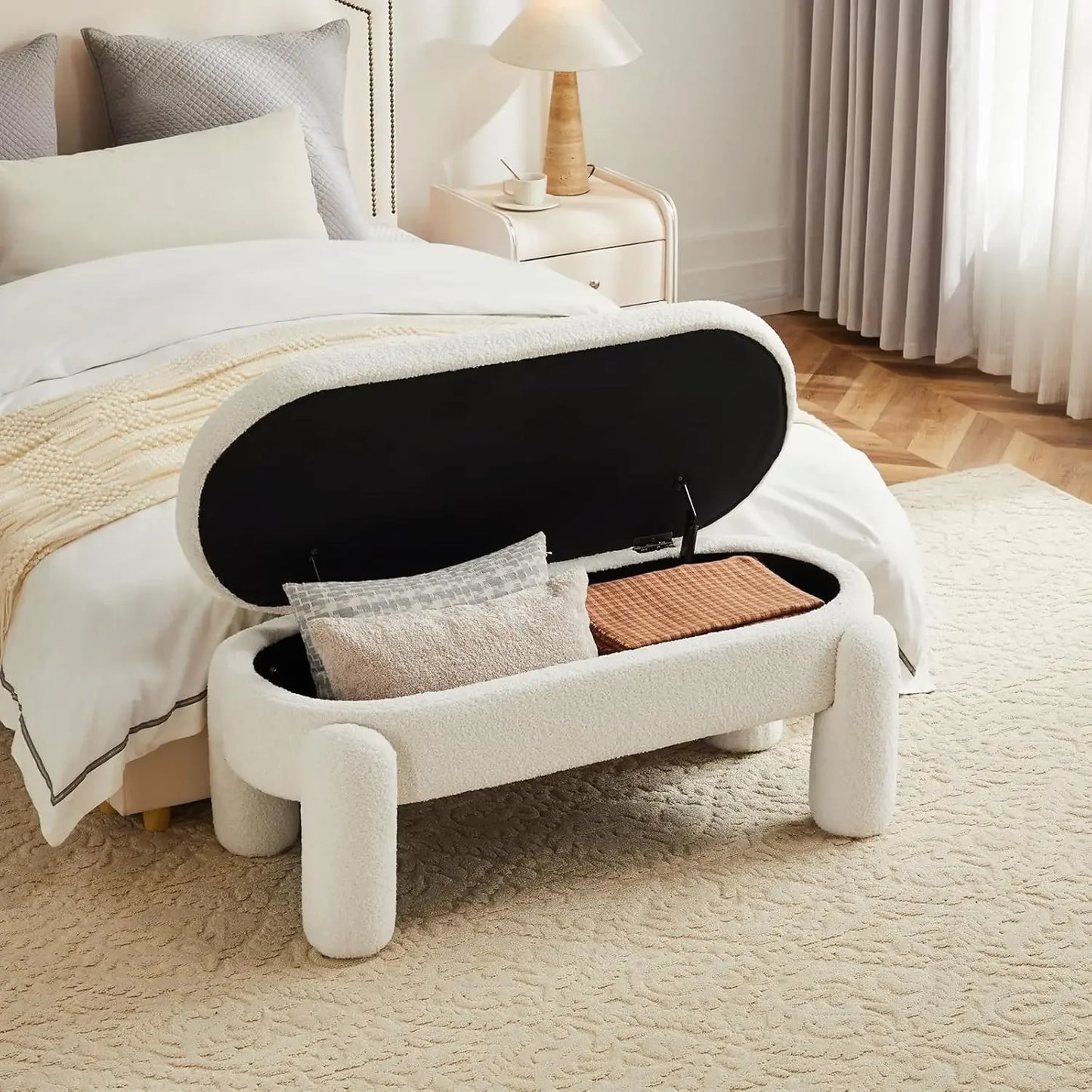 Modern 45 Inch Boucle Storage Ottoman Bench, Upholstered Bedroom Benches for End of Bed, Entryway, Hallway, Living Room