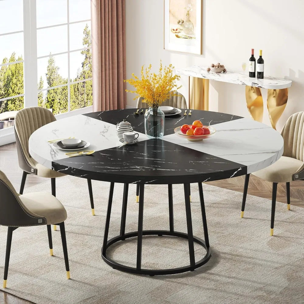 47 Inch Dining Table for Dining Room, 4 People Round Dinner Tables with Faux Marble Top Heavy Duty Metal Circle Pedestal