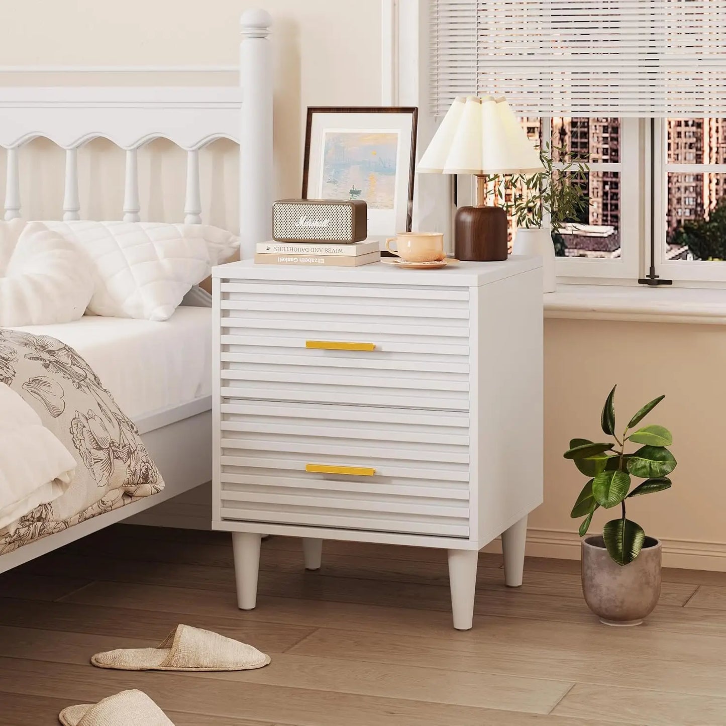 Fluted Nightstands Set of 2, Mid Century Bedside Table for Bedroom, End Table with 2 Drawers, Modern Bed Side Table wit