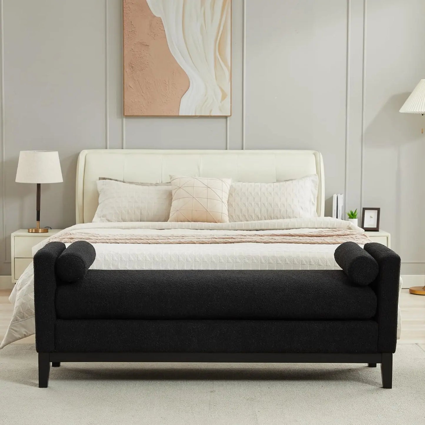 Upholstered 66.3" End of Bed Bench Long King Size Leather Ottoman Bench,Black