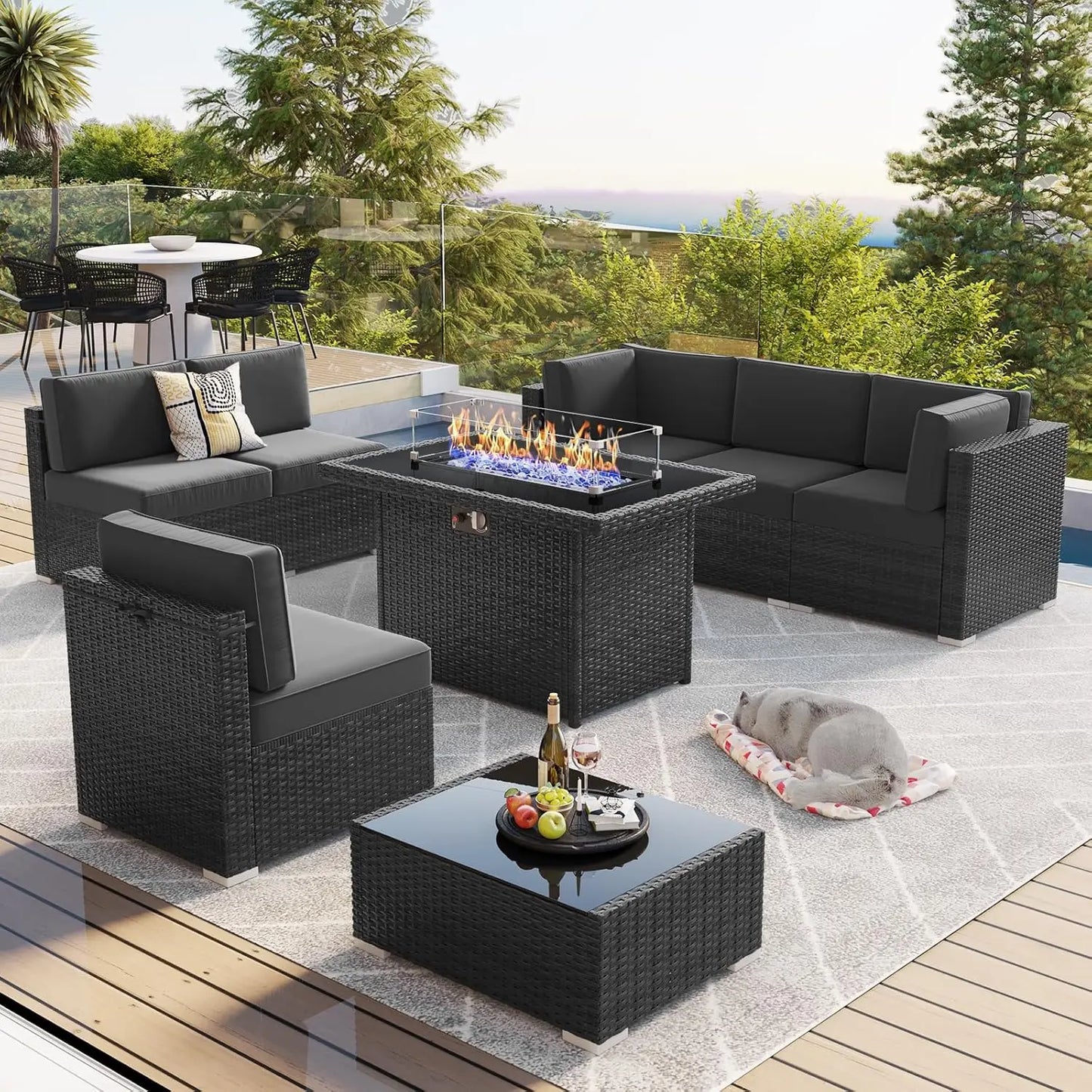 13 Pieces Outdoor Patio Furniture Set with 44" Fire Pit Table Brown Rattan Sectional Sofa Conversation Sets