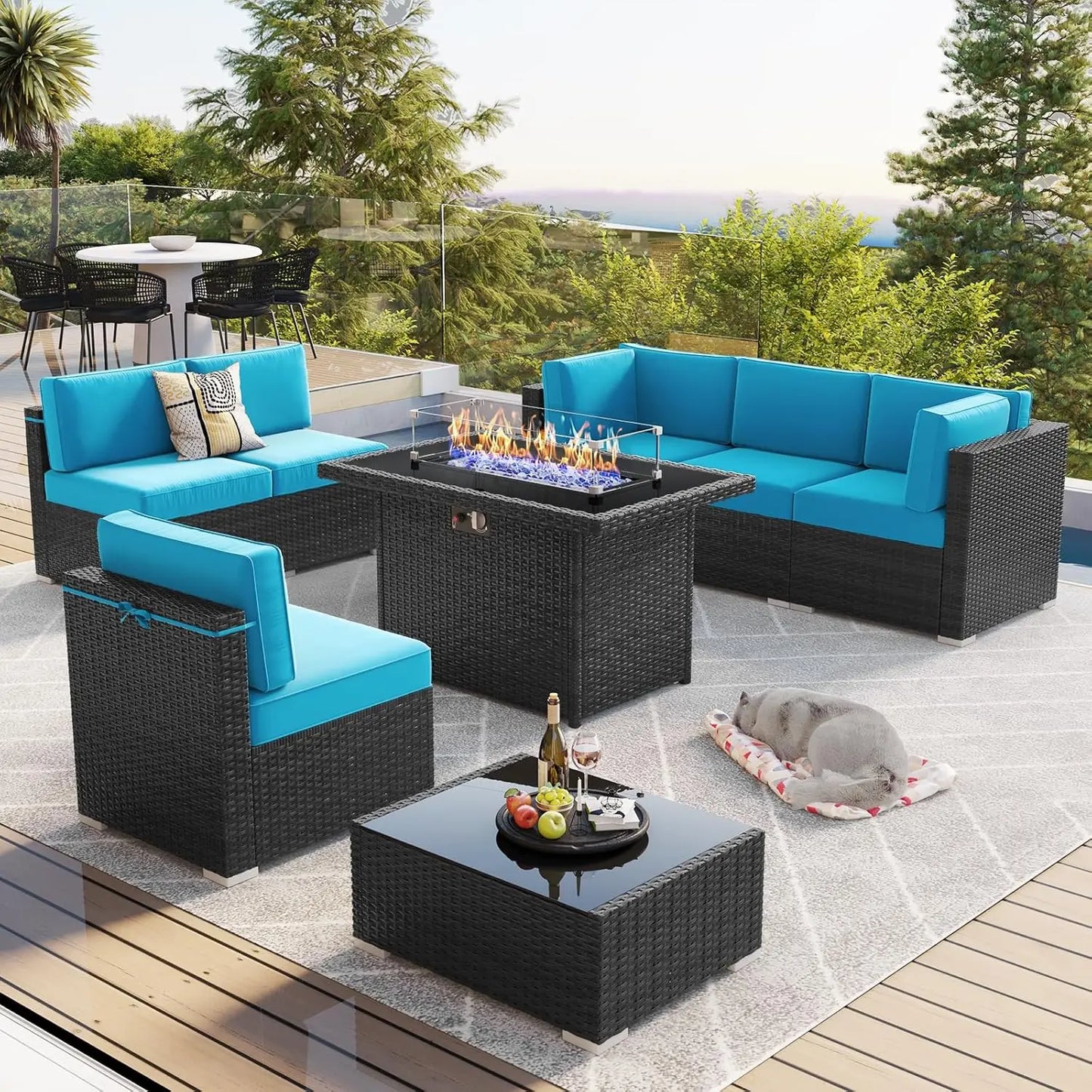13 Pieces Outdoor Patio Furniture Set with 44" Fire Pit Table Brown Rattan Sectional Sofa Conversation Sets