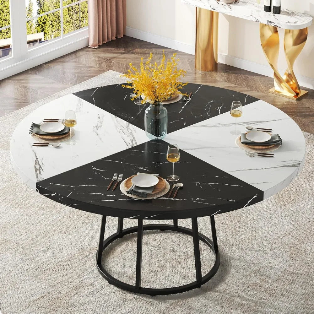 47 Inch Dining Table for Dining Room, 4 People Round Dinner Tables with Faux Marble Top Heavy Duty Metal Circle Pedestal