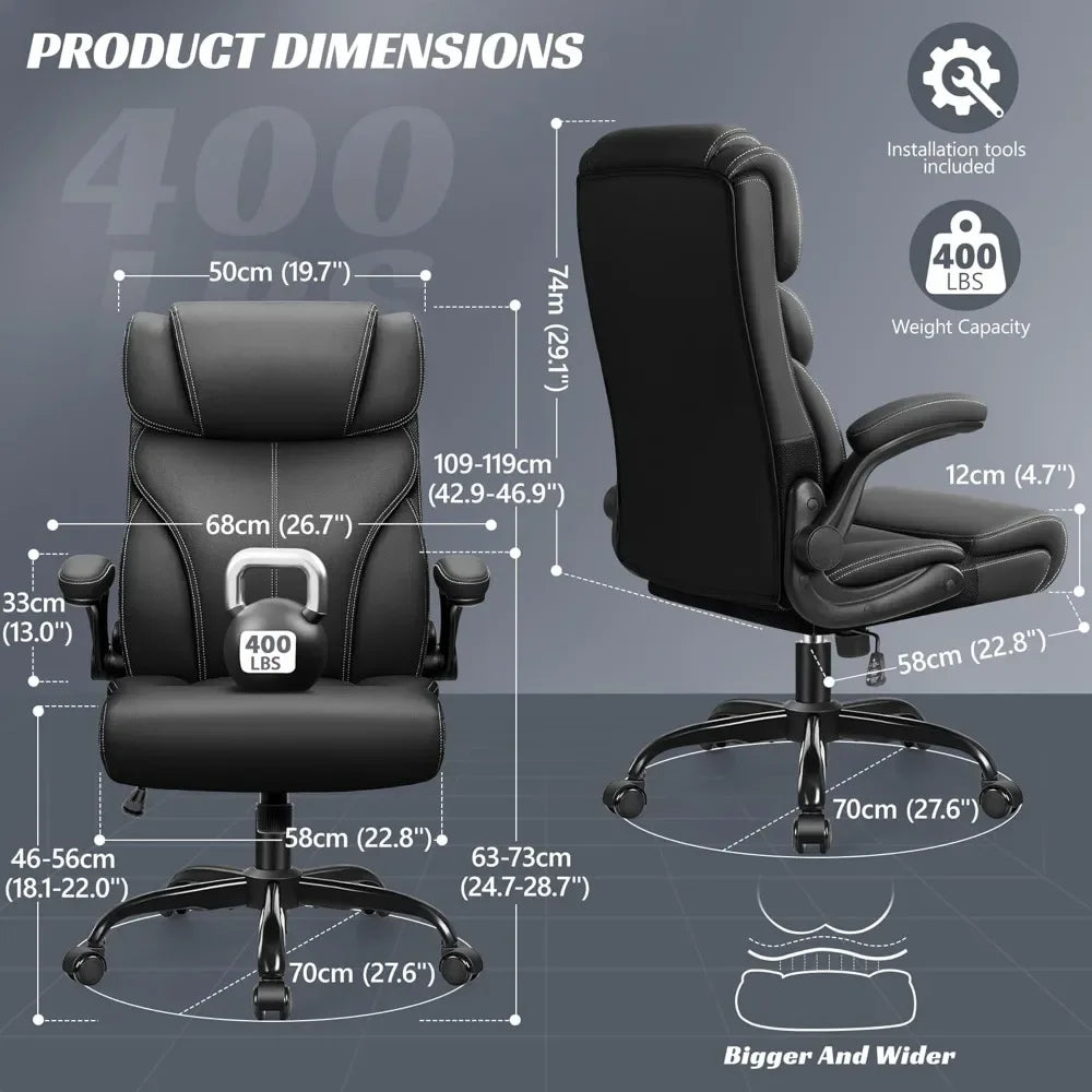 Ergonomic Big and Tall Computer Desk Chairs, Executive Breathable Leather Chair with Adjustable High Back Flip-up Armrests