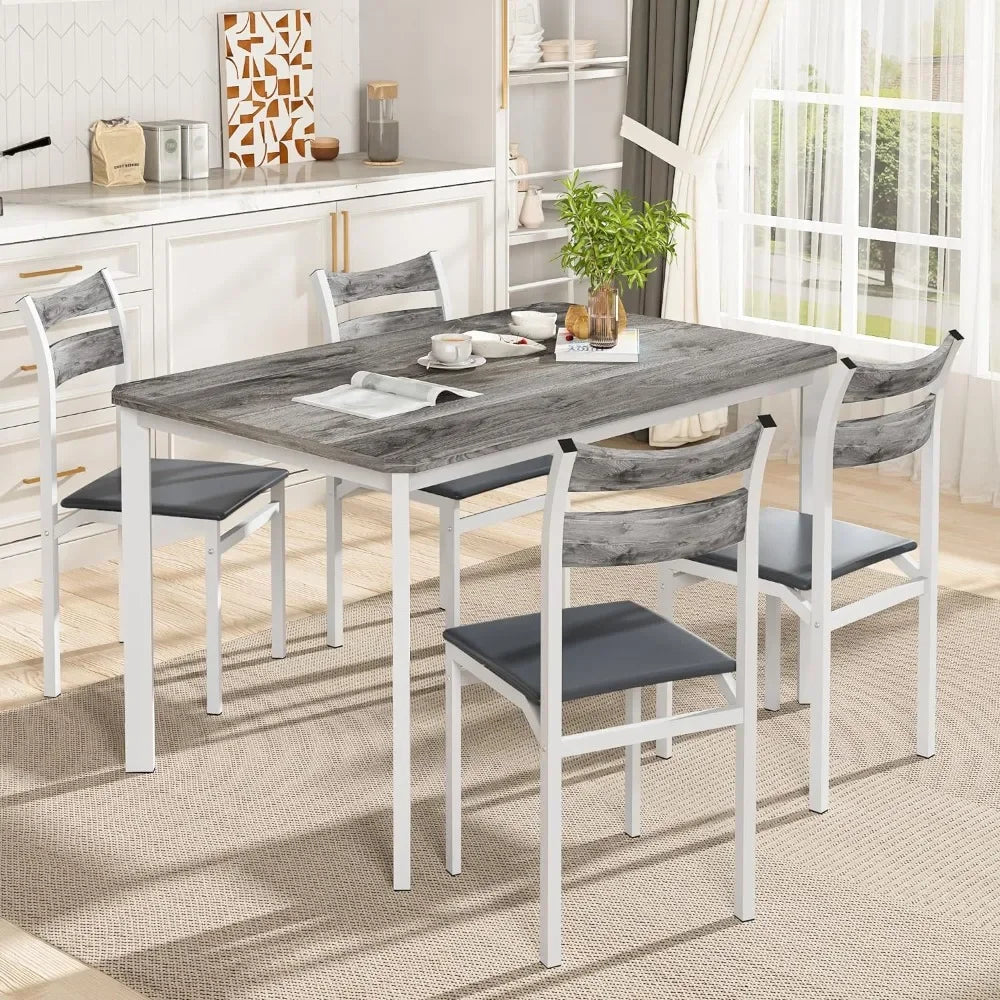 Dining table set, 43.3" dining table with 4 upholstered PU leather chairs, modern wooden 5-piece set kitchen table and chairs