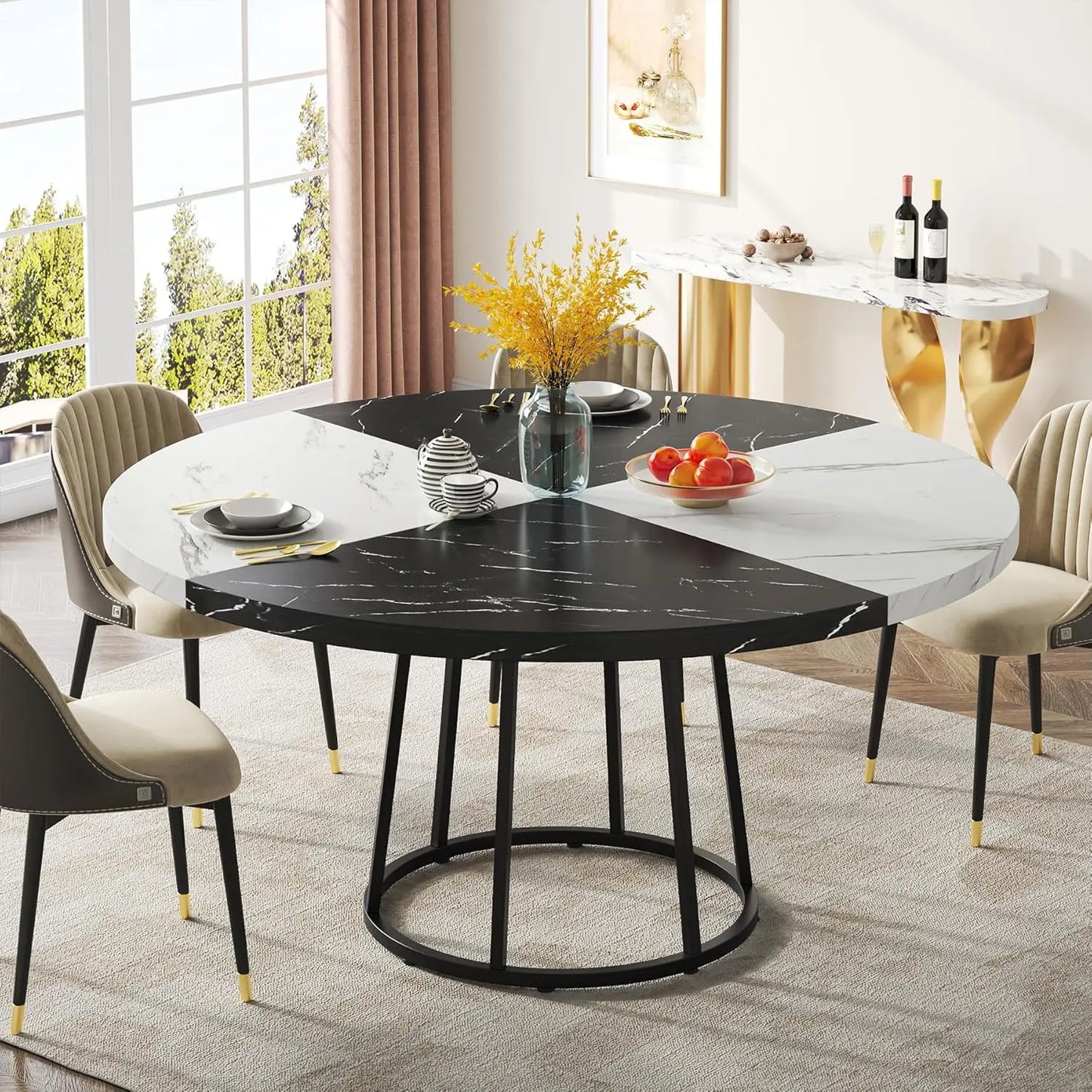 47 Inch Dining Table for Dining Room, 4 People Round Dinner Tables with Faux Marble Top Heavy Duty Metal Circle Pedestal