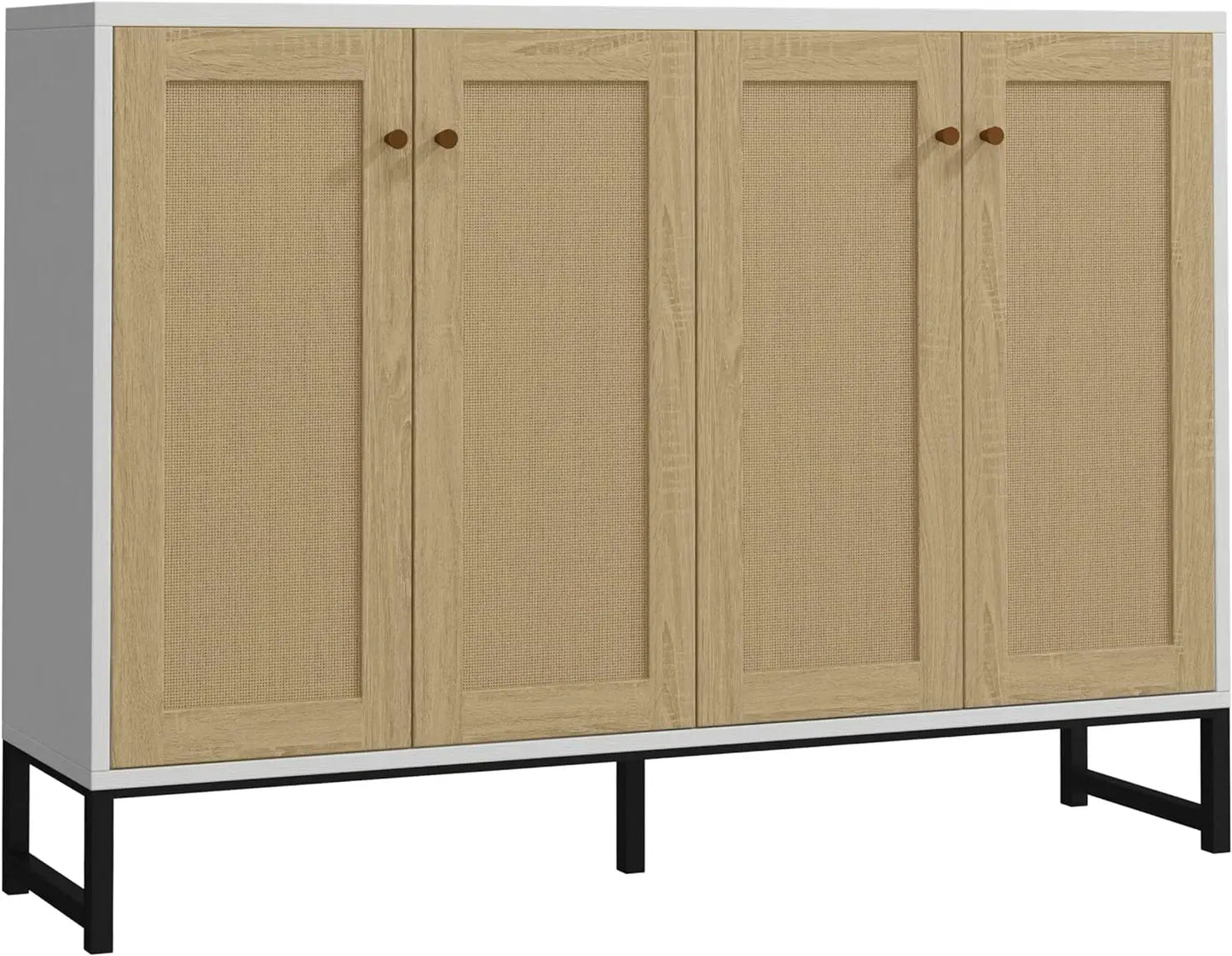 Sideboard Accent Storage Cabinet with Rattan Decorated 4 Doors Dining Room Freestanding Kitchen Buffet Table Cupboard