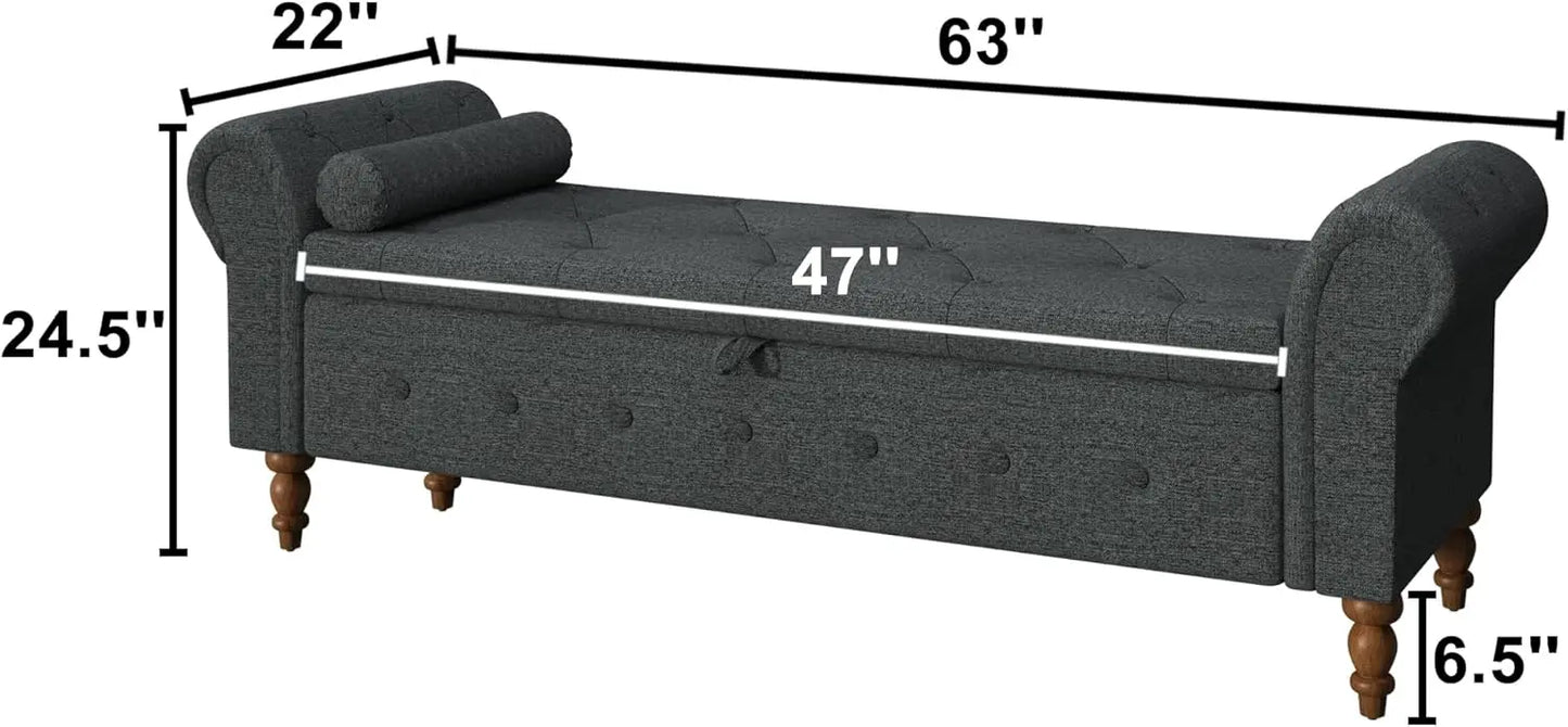 Linen Upholstered Storage Bench, 63" End of Bed Storage Ottoman Bench with Rolled Arms for Bedroom