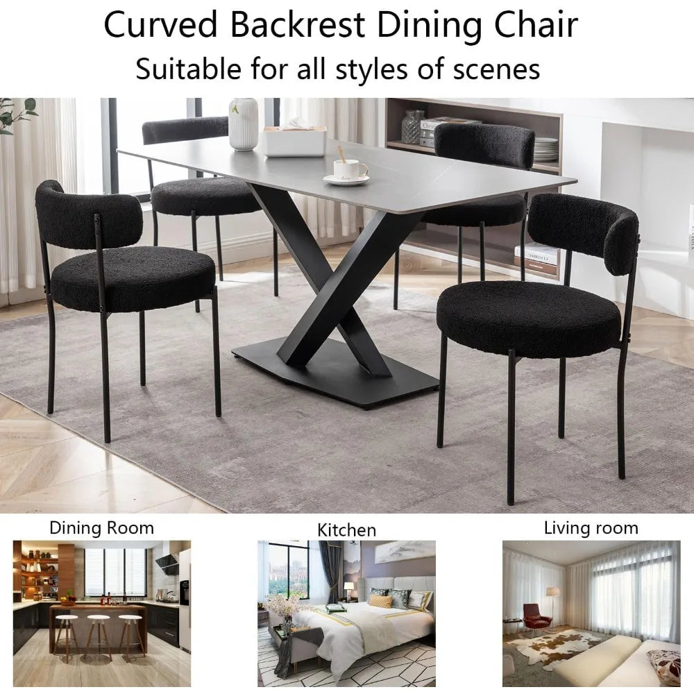 Black Boucle Dining Chairs Set of 4, Upholstered Dining Chairs with Black Metal Legs, Round Modern Chair for Room